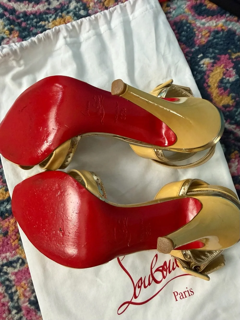 Christian Louboutin Yellow Patent Leather Ankle-Strap Heels with Gold Accents
